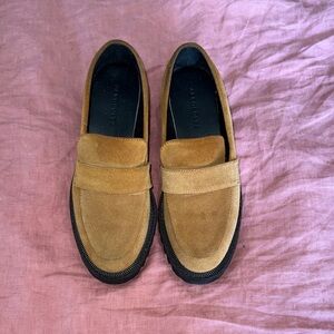AEROSOLES Tan Suede Penny Loafers with Black Outsole